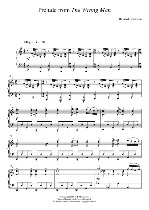 Learn to play Bernard Herrmann Prelude From The Wrong Man sheet music for Piano Solo in minutes. Bernard Herrmann Prelude From The Wrong Man sheet music notes and chords. Download Printable PDF.