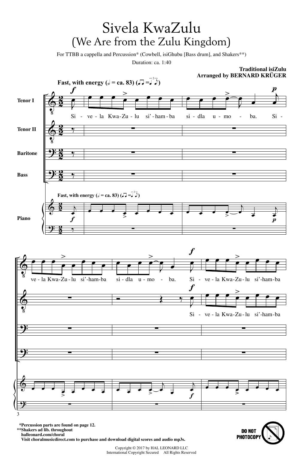 Bernard Krüger Sivela Kwazulu sheet music notes and chords. Download Printable PDF.