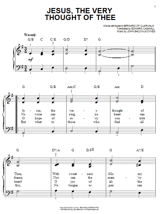 Learn to play Bernard of Clairvaux Jesus, The Very Thought Of Thee sheet music for Piano Solo in minutes. Bernard of Clairvaux Jesus, The Very Thought Of Thee sheet music notes and chords