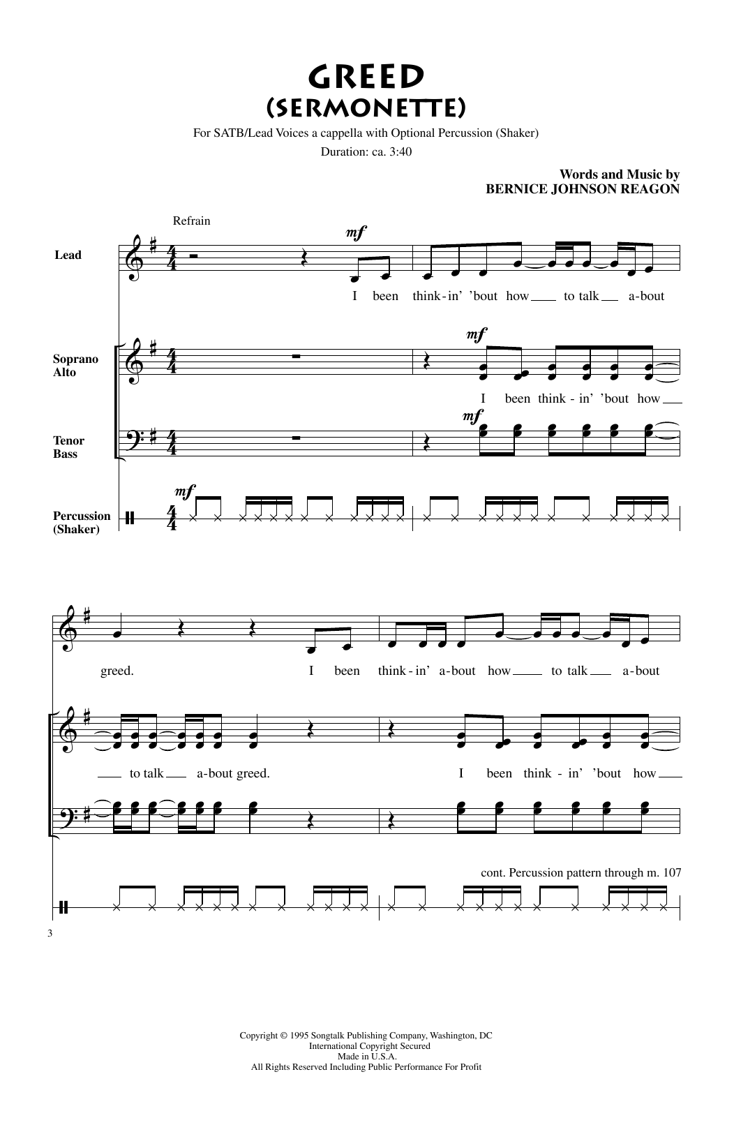 Bernice Johnson Reagon Greed sheet music notes and chords. Download Printable PDF.