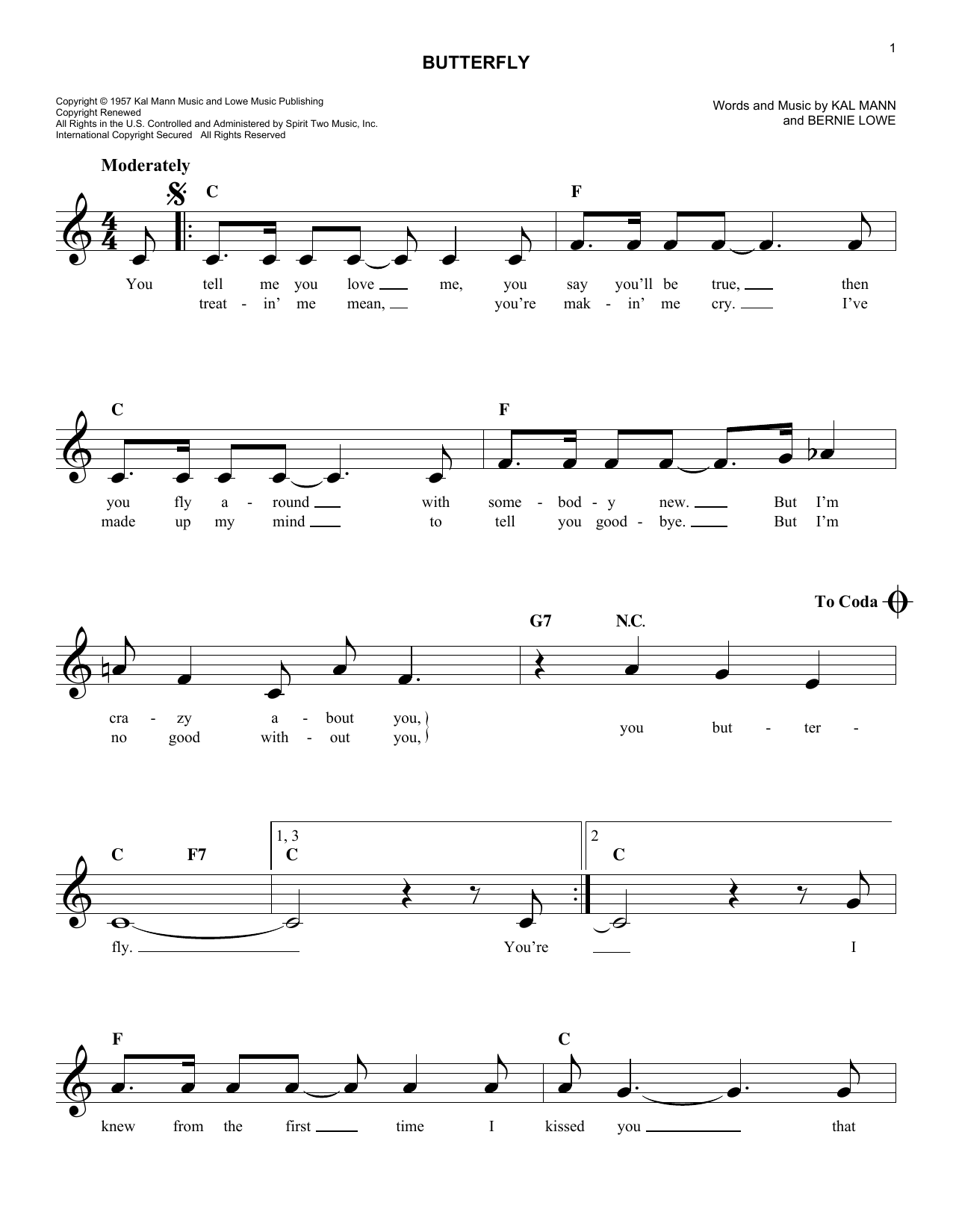 Bernie Lowe Butterfly sheet music notes and chords. Download Printable PDF.