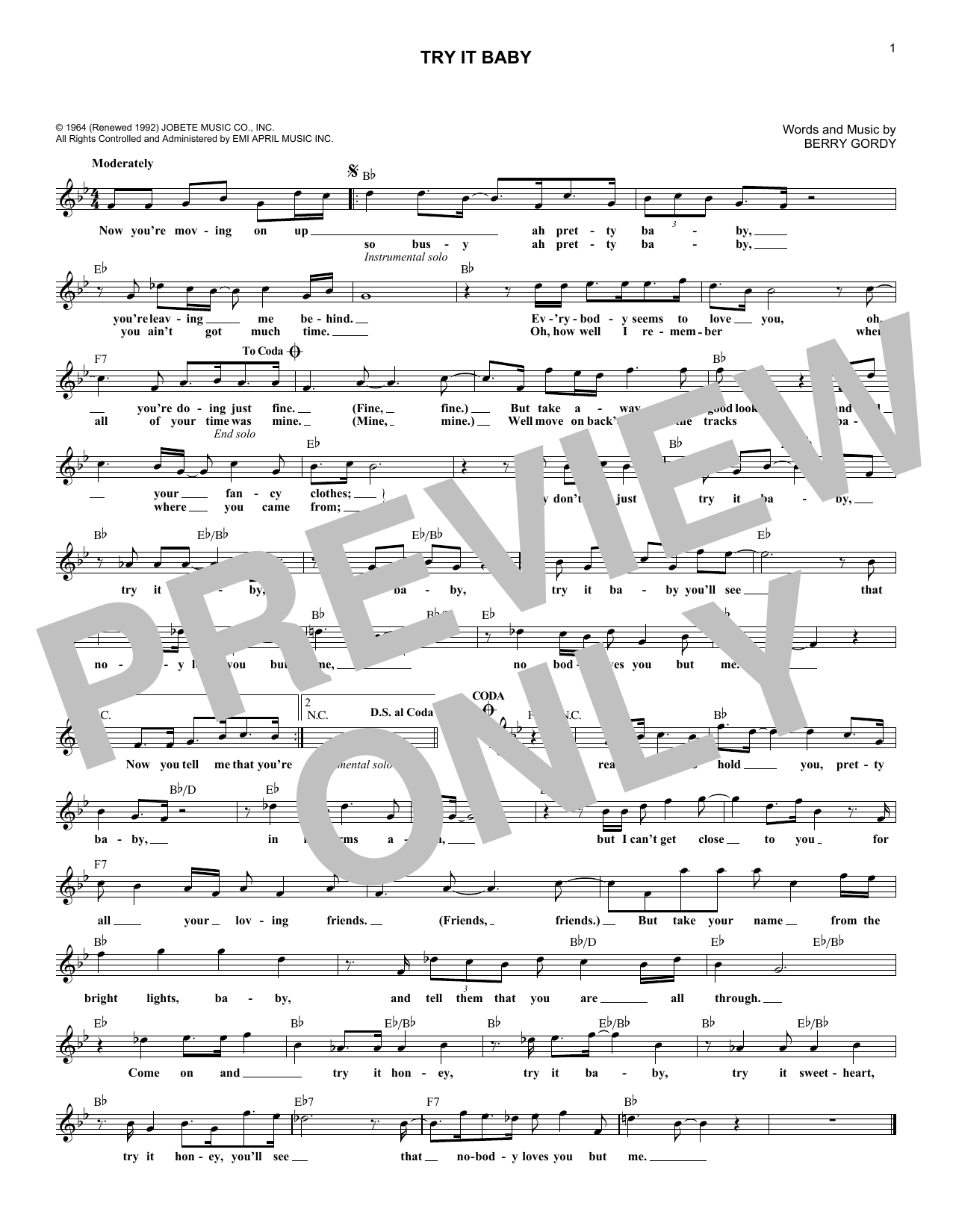 Learn to play Berry Gordy Try It Baby sheet music for Lead Sheet / Fake Book in minutes. Price: 5.9900$ Berry Gordy Try It Baby sheet music notes and chords arranged for Lead Sheet / Fake Book