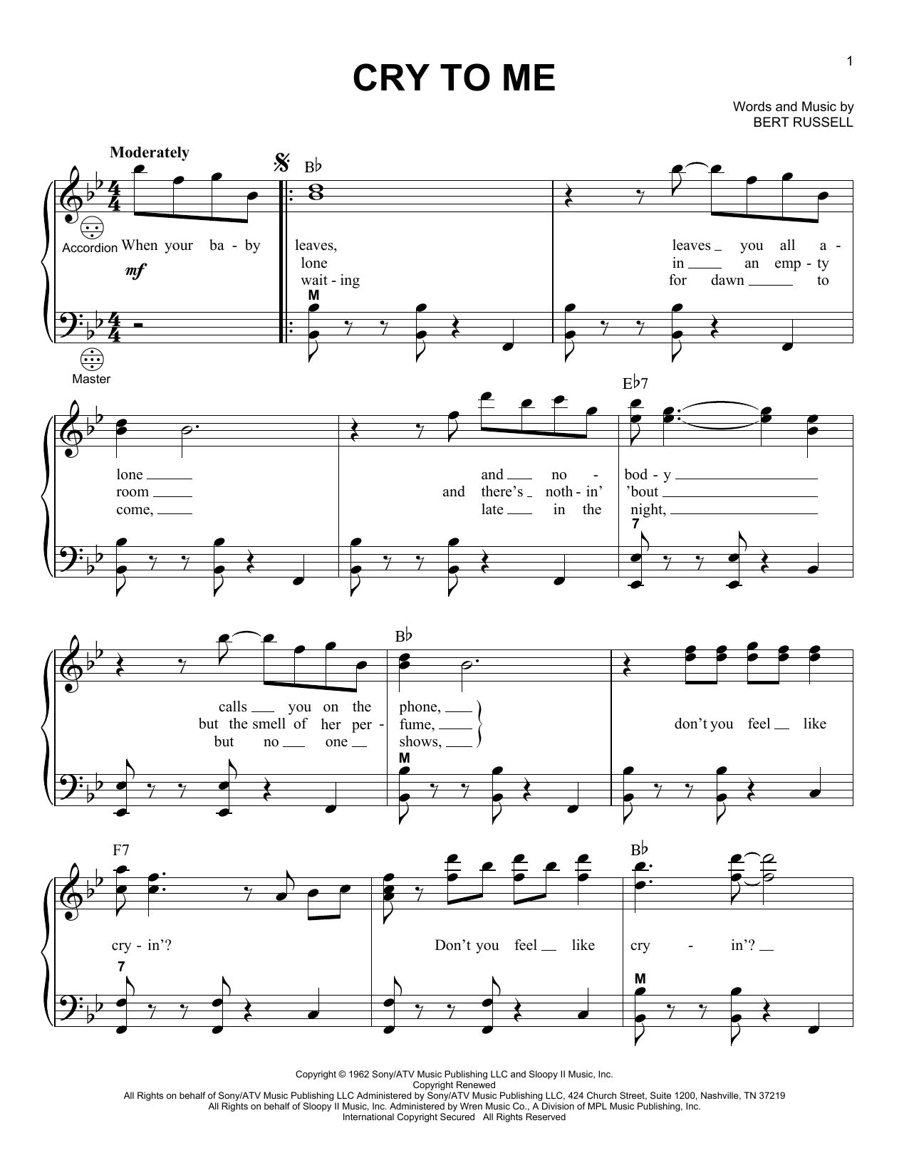 Bert Russell Cry To Me sheet music notes and chords. Download Printable PDF.