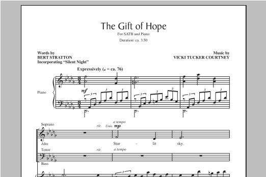 Learn to play Vicki Tucker Courtney The Gift Of Hope sheet music for SATB Choir in minutes. Price: 3.9900$ Vicki Tucker Courtney The Gift Of Hope sheet music notes and chords arranged for SATB Choir