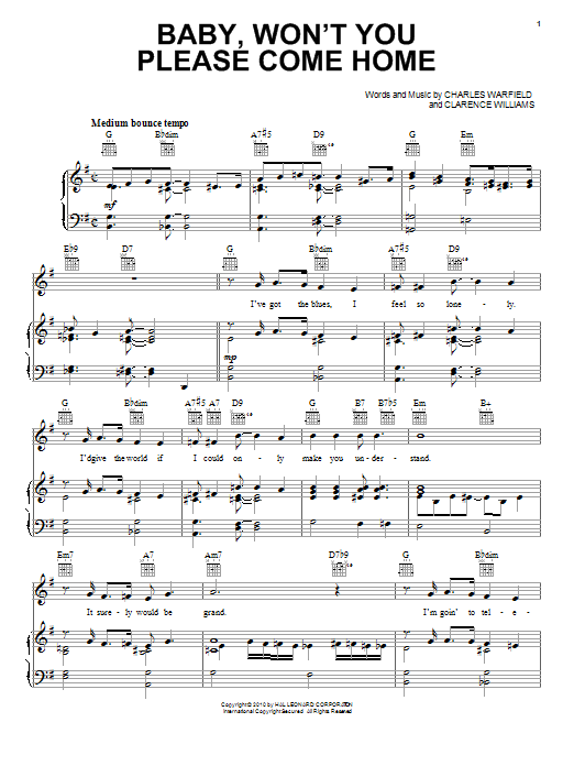 Bessie Smith Baby Won T You Please Come Home Sheet Music Pdf Notes Chords Blues Score Piano Vocal Guitar Right Hand Melody Download Printable Sku 73697