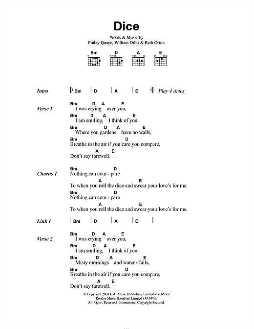 Beth Orton Dice sheet music notes and chords. Download Printable PDF.