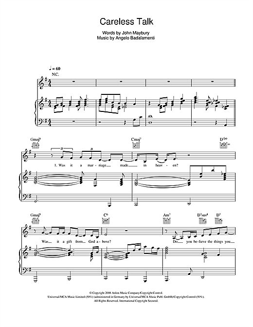 Beth Rowley Careless Talk sheet music notes and chords. Download Printable PDF.