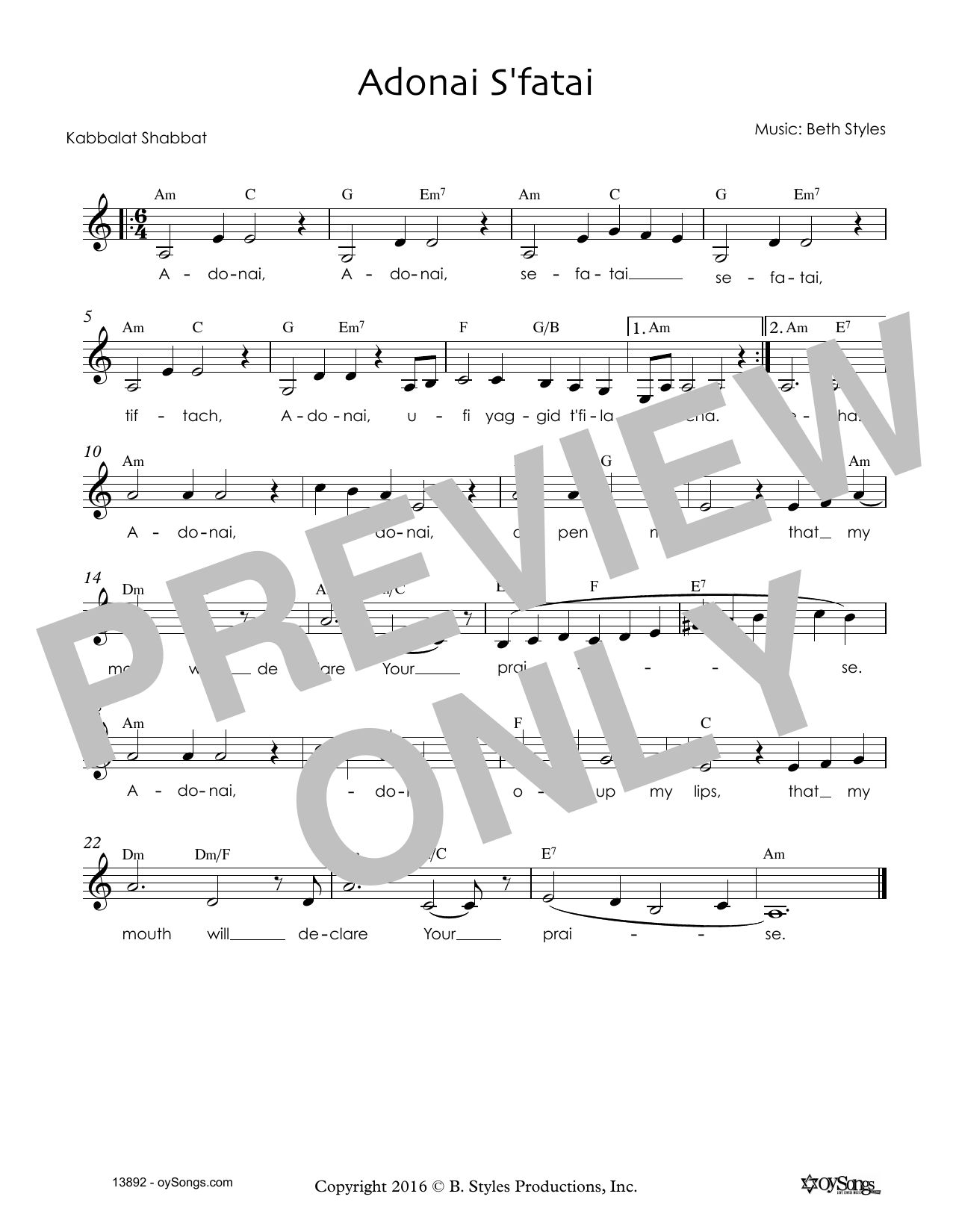 Beth Styles Adonai S'fatai sheet music notes and chords. Download Printable PDF.