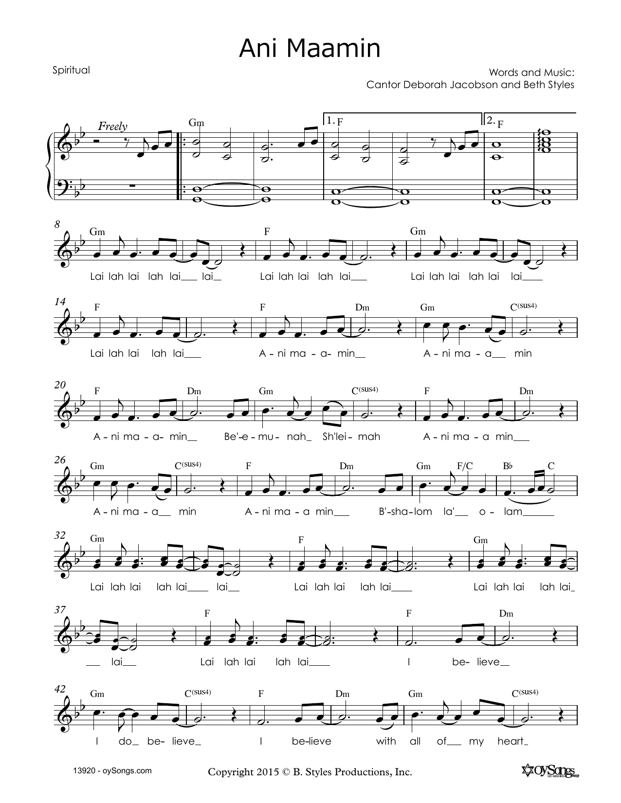 Beth Styles Ani Maamin sheet music notes and chords. Download Printable PDF.