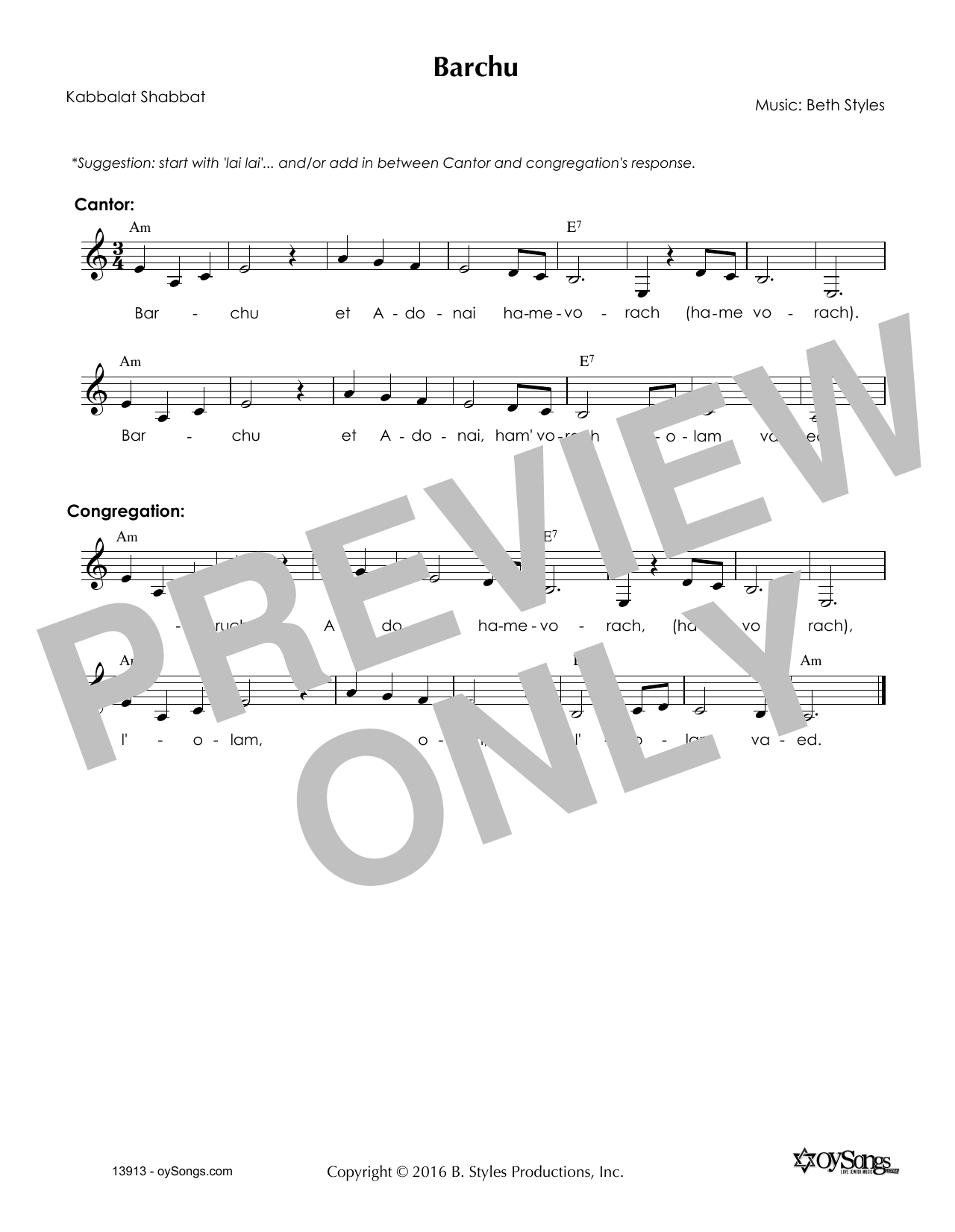 Beth Styles Barchu sheet music notes and chords. Download Printable PDF.