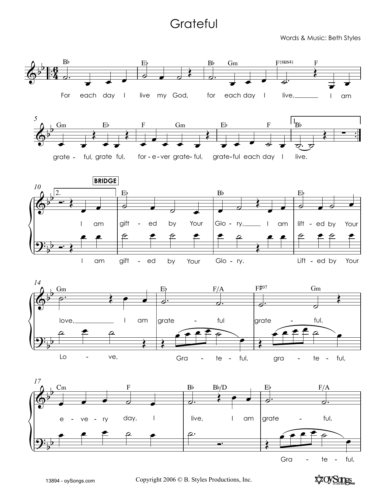 Beth Styles Grateful sheet music notes and chords. Download Printable PDF.