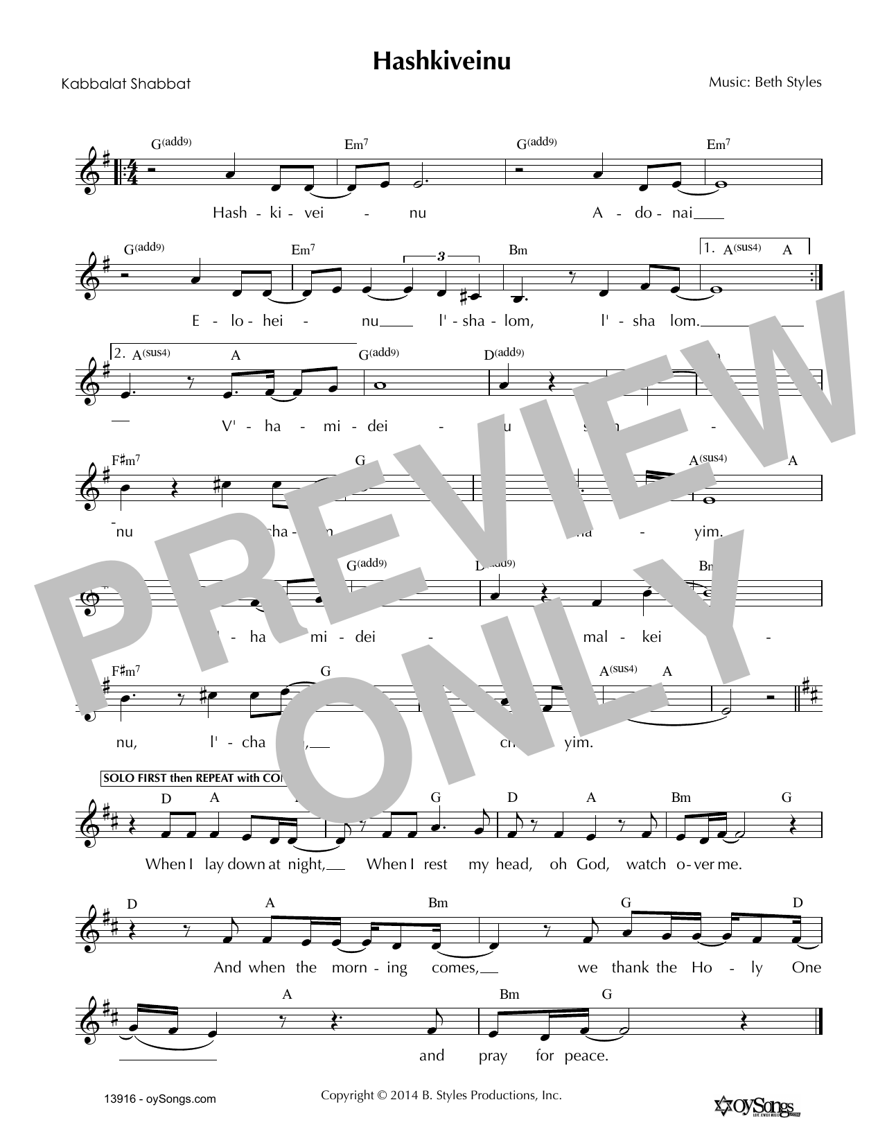 Beth Styles Hashkiveinu sheet music notes and chords. Download Printable PDF.