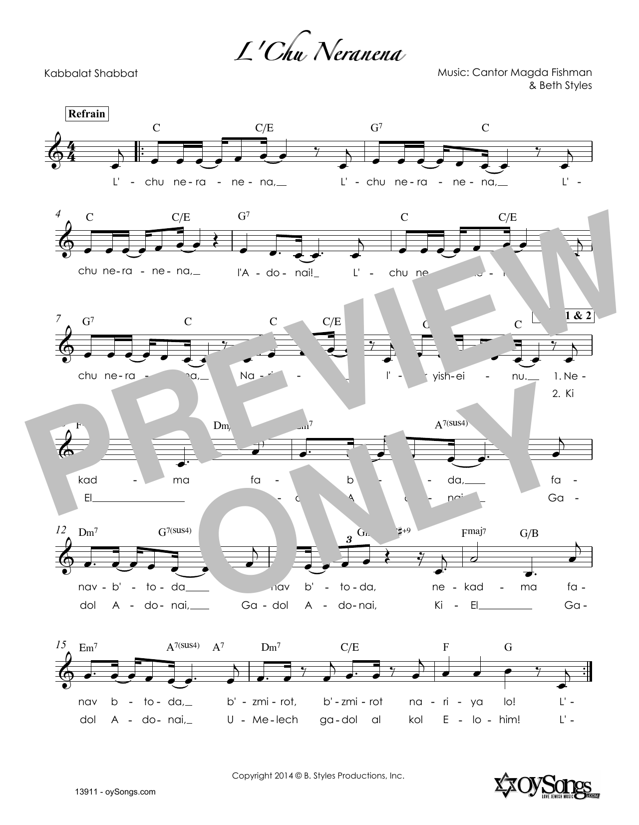 Beth Styles L'Chu Neranena sheet music notes and chords. Download Printable PDF.