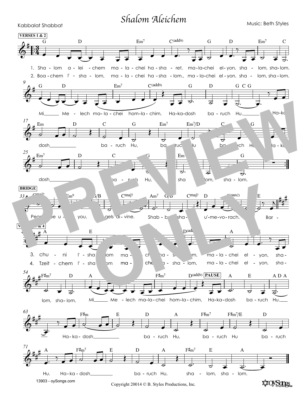 Beth Styles Shalom Aleichem sheet music notes and chords. Download Printable PDF.