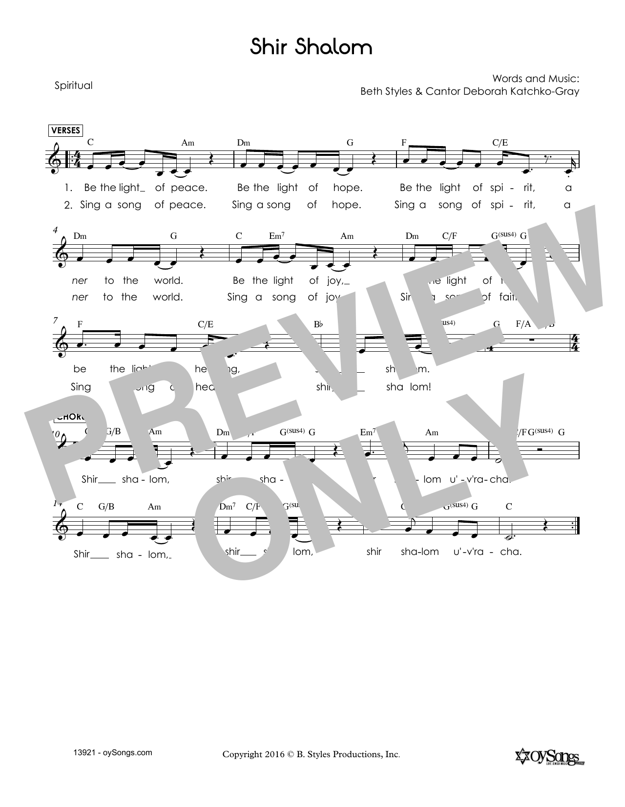 Beth Styles Shir Shalom sheet music notes and chords. Download Printable PDF.