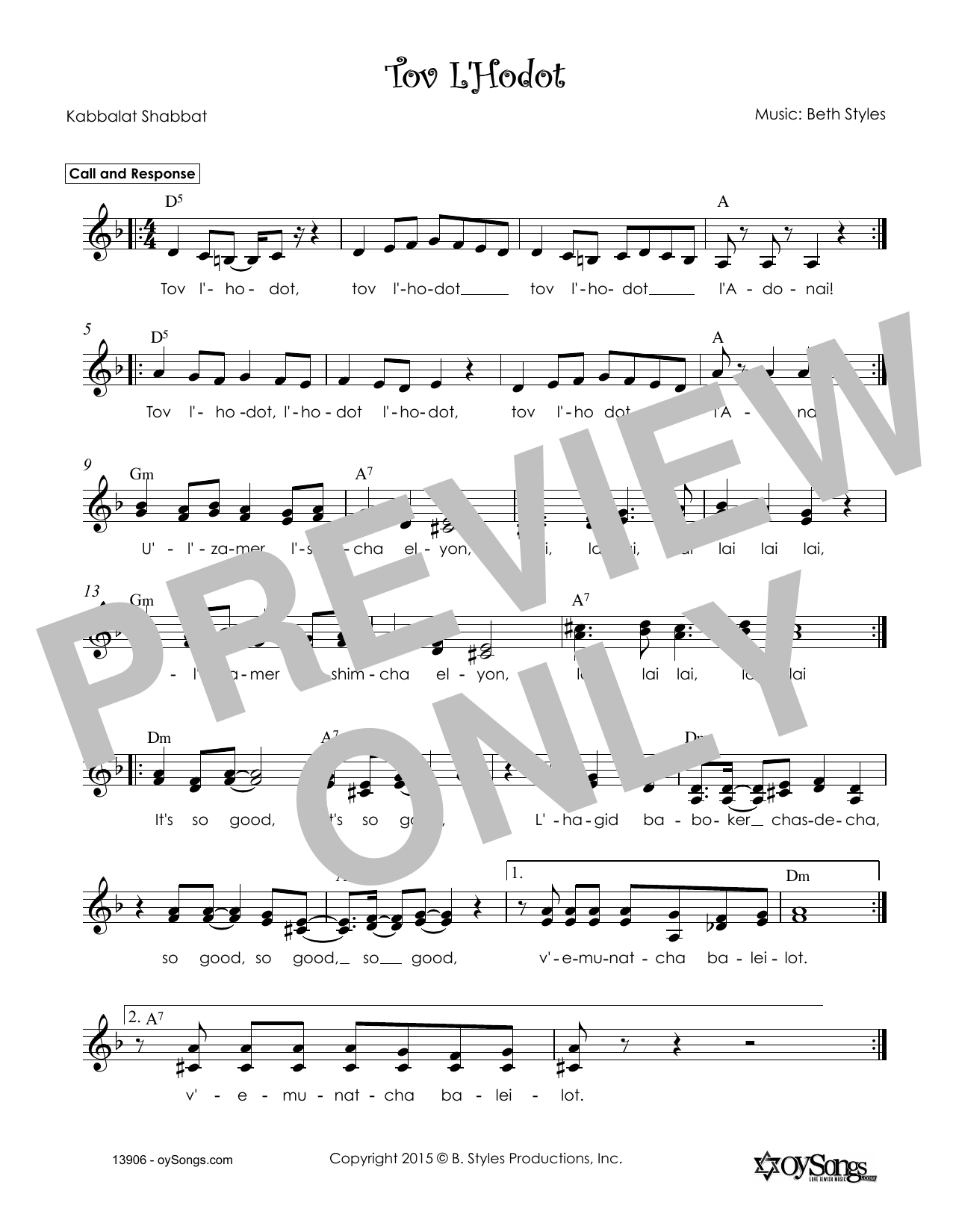 Beth Styles Tov L'Hodot sheet music notes and chords. Download Printable PDF.