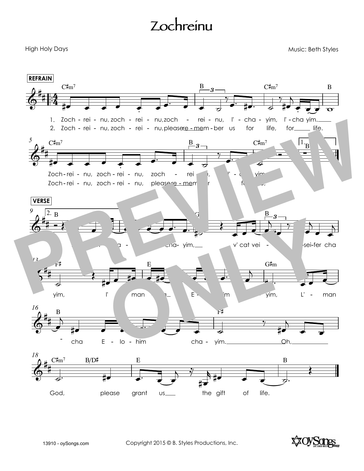 Beth Styles Zochreinu sheet music notes and chords. Download Printable PDF.