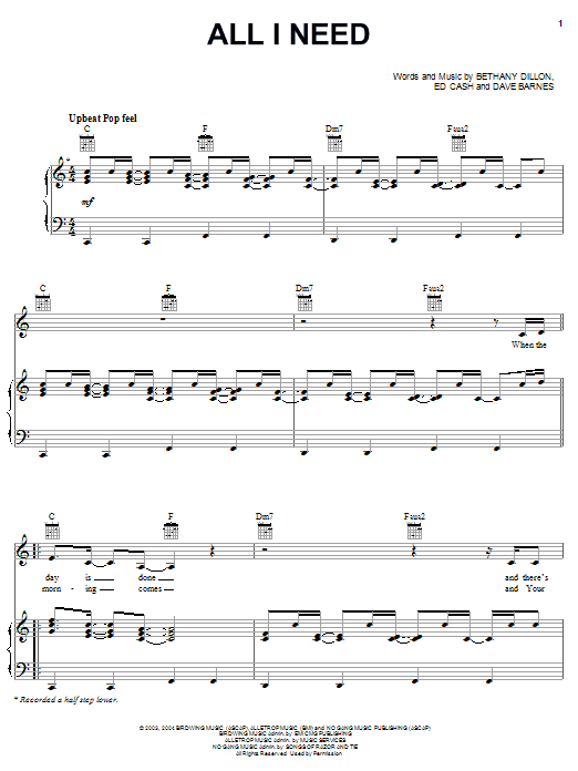 Bethany Dillon All I Need sheet music for Piano, Vocal & Guitar (Right-Hand Melody) in minutes. Price: 7.8900$ Bethany Dillon All I Need sheet music notes and chords. Download Printable PDF.