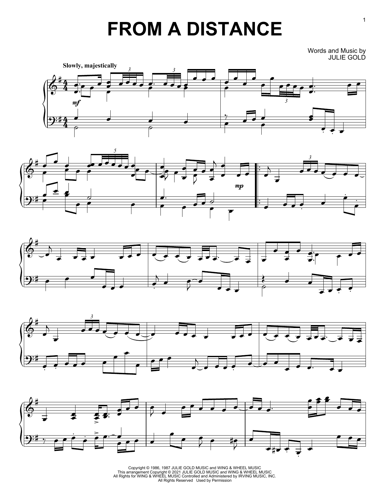 Bette Midler From A Distance [Classical version] sheet music notes and chords arranged for Piano Solo