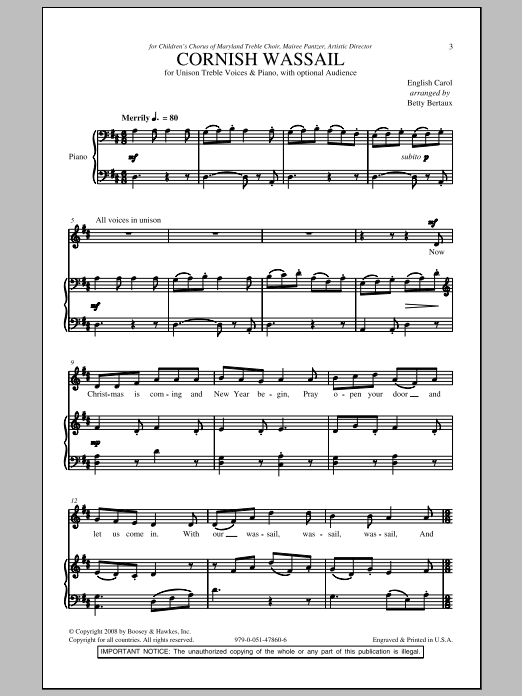 Betty Bertaux Cornish Wassail sheet music notes and chords. Download Printable PDF.