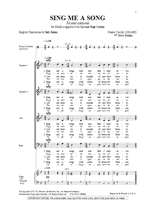 Learn to play Betty Bertaux Sing Me A Song (Fa Una Canzona) sheet music for SATB Choir in minutes. Price: 3.9900$ Betty Bertaux Sing Me A Song (Fa Una Canzona) sheet music notes and chords arranged for SATB Choir