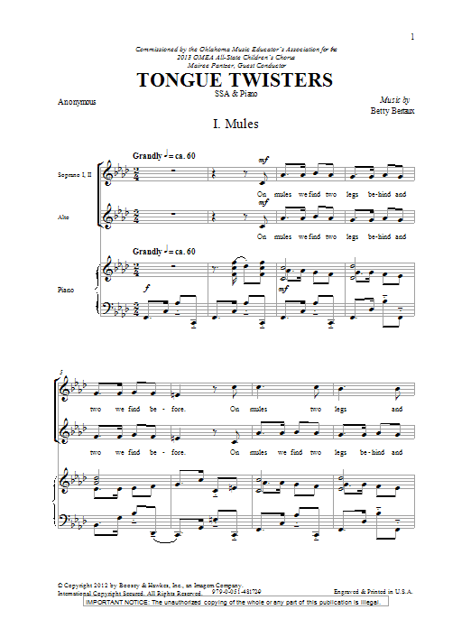 Learn to play Betty Bertaux Tongue Twisters sheet music for SSA Choir in minutes. Price: 3.9900$ Betty Bertaux Tongue Twisters sheet music notes and chords arranged for SSA Choir