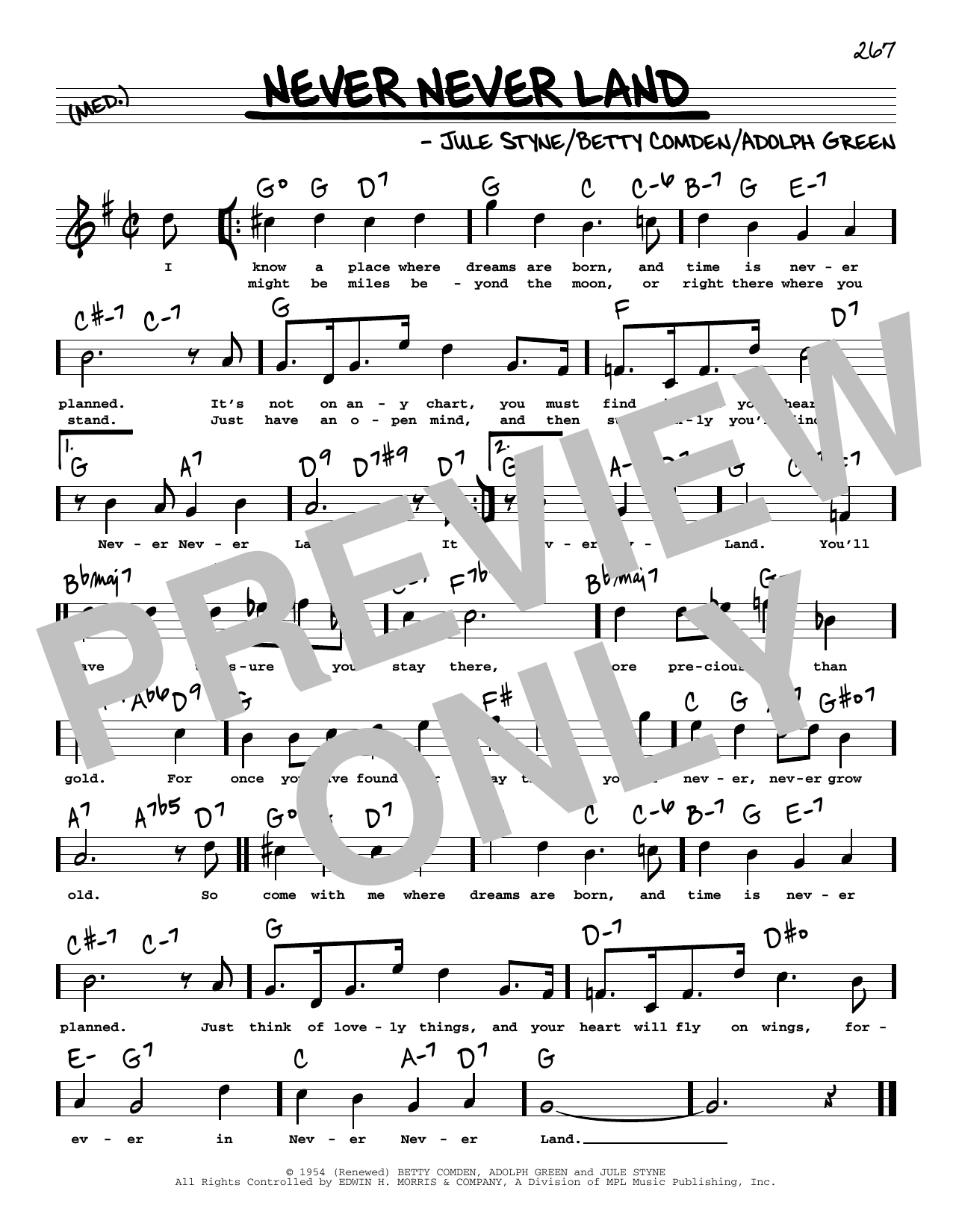 Betty Comden "Never Never Land" Sheet Music for Real Book Melody