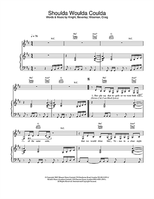 Beverley Knight Shoulda Woulda Coulda sheet music notes and chords. Download Printable PDF.