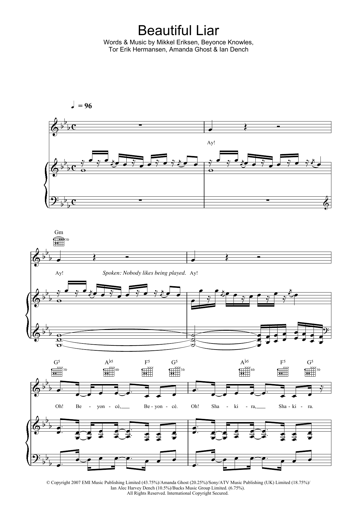 Beyoncé & Shakira Beautiful Liar sheet music notes and chords. Download Printable PDF.