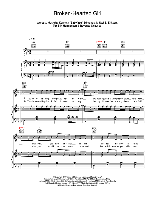 Beyoncé Broken-Hearted Girl sheet music notes and chords. Download Printable PDF.