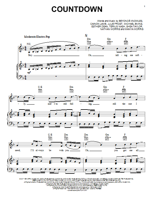 Beyoncé Countdown sheet music notes and chords. Download Printable PDF.