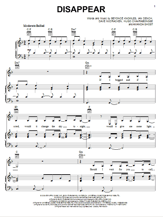 Learn to play Beyoncé Disappear sheet music for Piano, Vocal & Guitar (Right-Hand Melody) in minutes. Beyoncé Disappear sheet music notes and chords