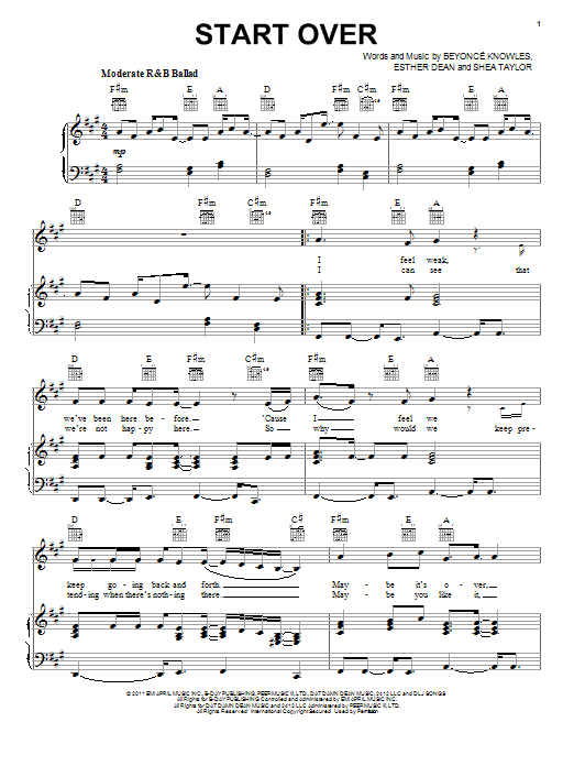 Beyoncé Start Over sheet music notes and chords. Download Printable PDF.