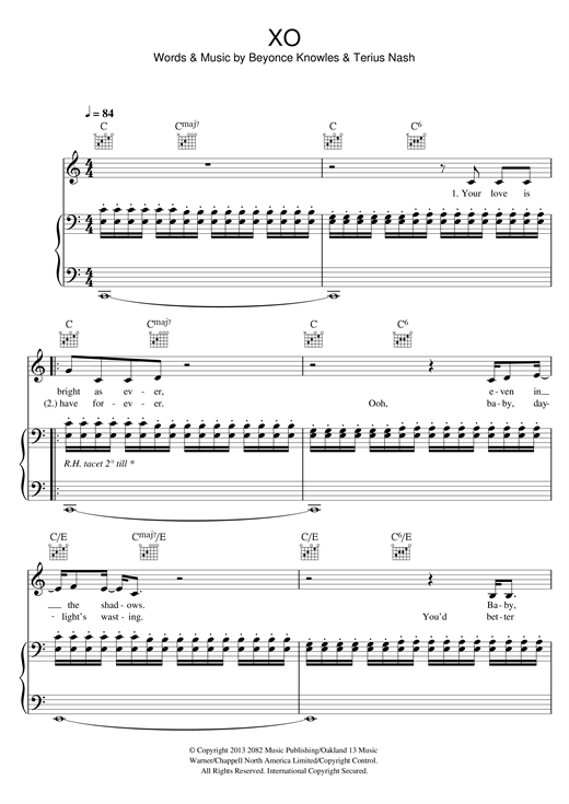 Learn to play Beyoncé XO sheet music for Piano, Vocal & Guitar in minutes. Beyoncé XO sheet music notes and chords. Download Printable PDF.