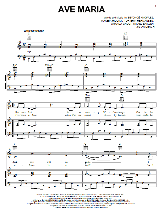Beyoncé Ave Maria sheet music notes and chords. Download Printable PDF.