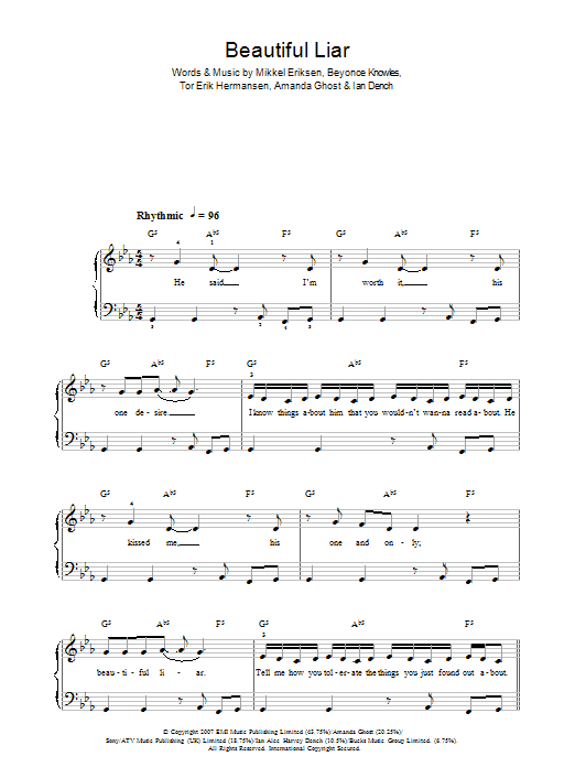 Beyoncé & Shakira Beautiful Liar sheet music notes and chords. Download Printable PDF.