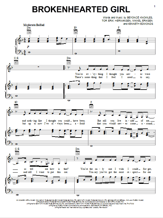 Beyoncé Broken-Hearted Girl sheet music notes and chords. Download Printable PDF.