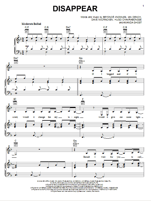 Beyoncé Disappear sheet music notes and chords. Download Printable PDF.