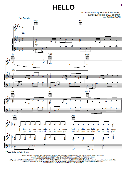 Beyoncé Hello sheet music notes and chords. Download Printable PDF.