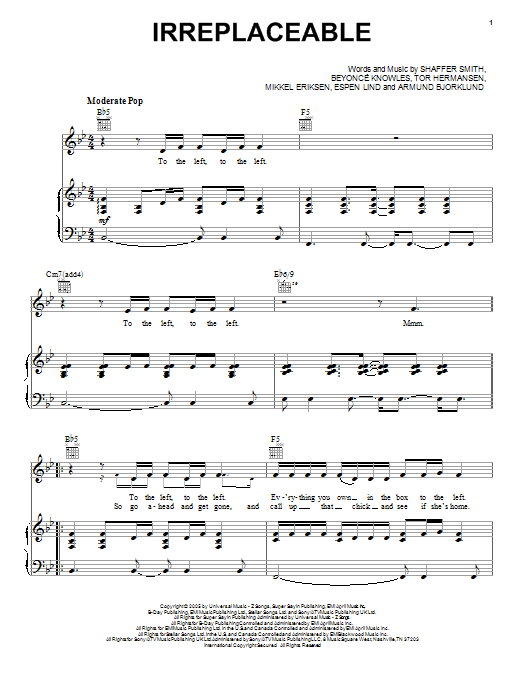 syreindhold pølse slogan Beyonce "Irreplaceable" Sheet Music Notes, Chords | Download Printable PDF  57241 Score