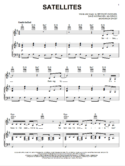 Beyoncé Satellites sheet music notes and chords. Download Printable PDF.