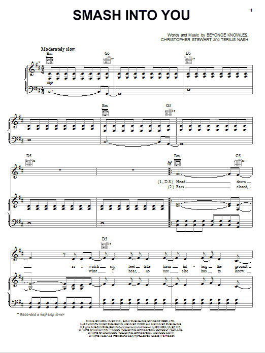Beyoncé Smash Into You sheet music notes and chords. Download Printable PDF.