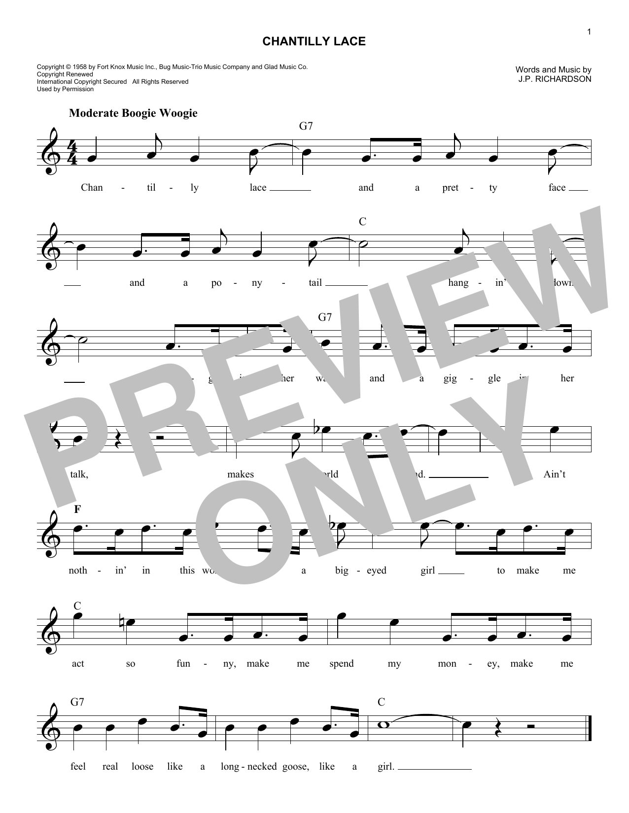 Big Bopper Chantilly Lace sheet music notes and chords. Download Printable PDF.