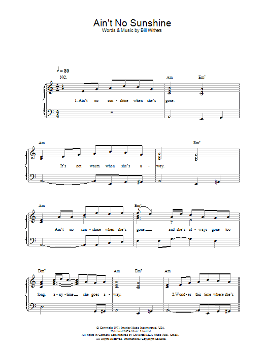 Bill Withers Ain't No Sunshine sheet music notes and chords. Download Printable PDF.