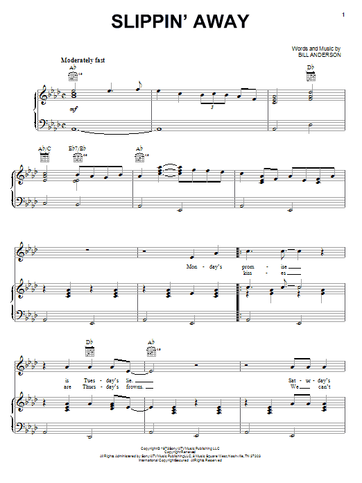 Bill Anderson Slippin' Away sheet music notes and chords. Download Printable PDF.