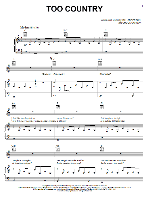 Bill Anderson Too Country sheet music notes and chords. Download Printable PDF.