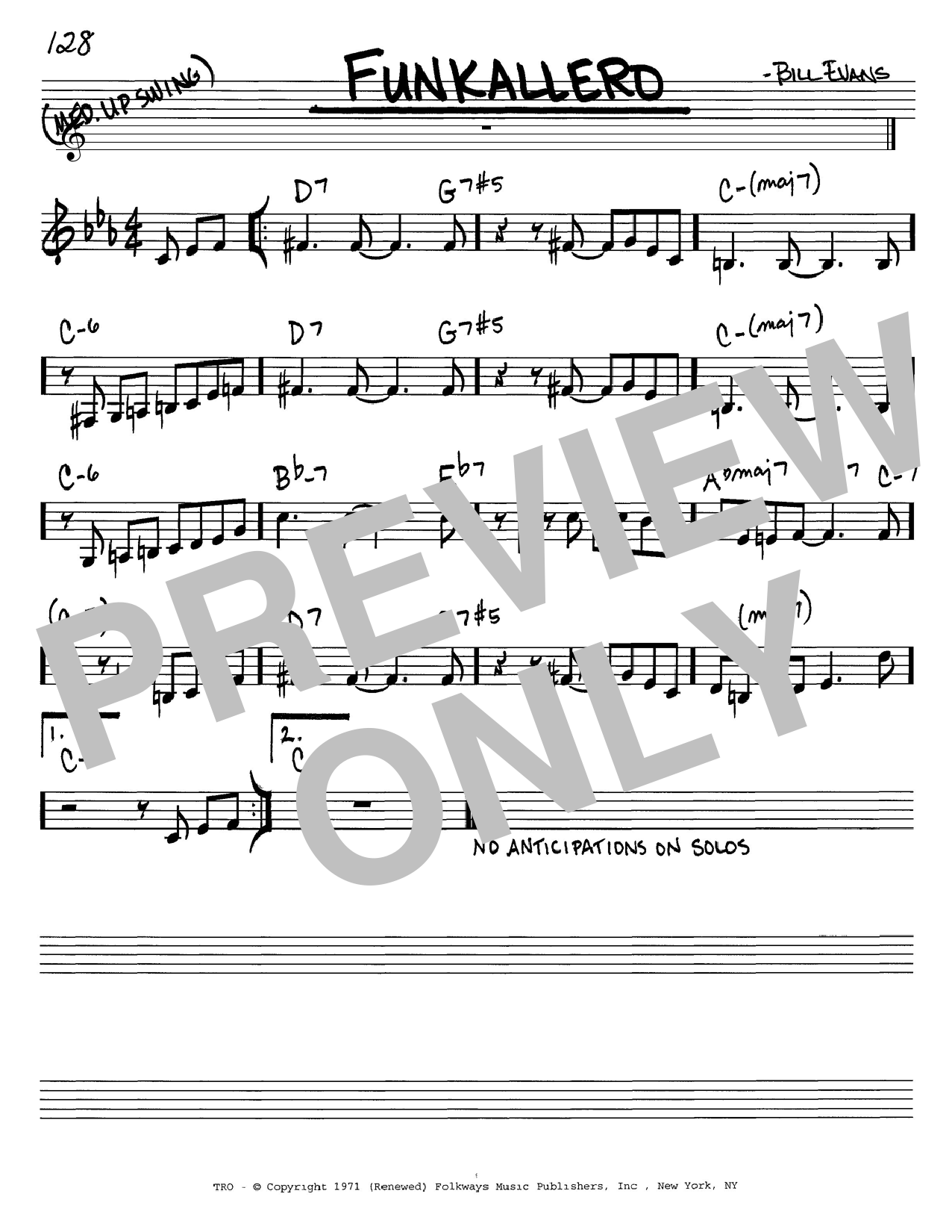 Learn to play Bill Evans Funkallero sheet music for Real Book – Melody & Chords in minutes. Bill Evans Funkallero sheet music notes and chords. Download Printable PDF.
