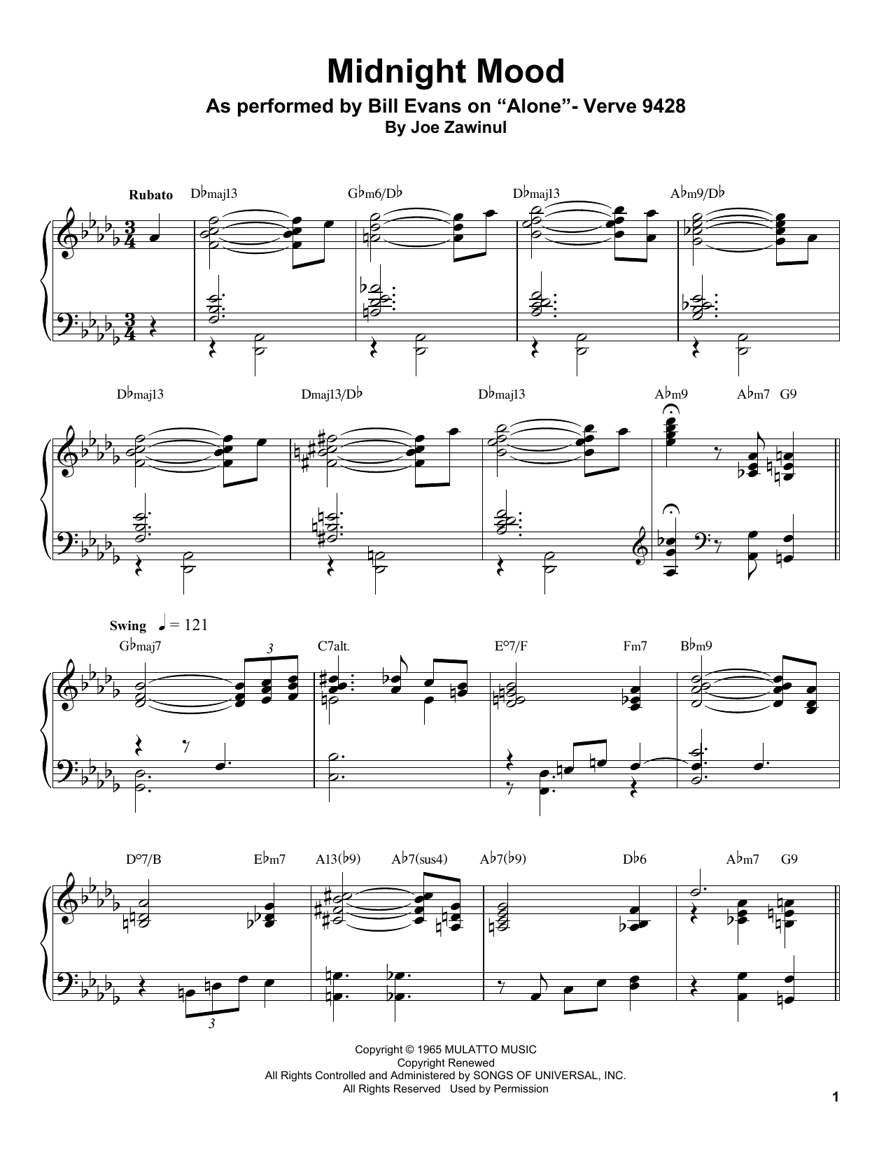 Bill Evans Midnight Mood sheet music notes and chords. Download Printable PDF.