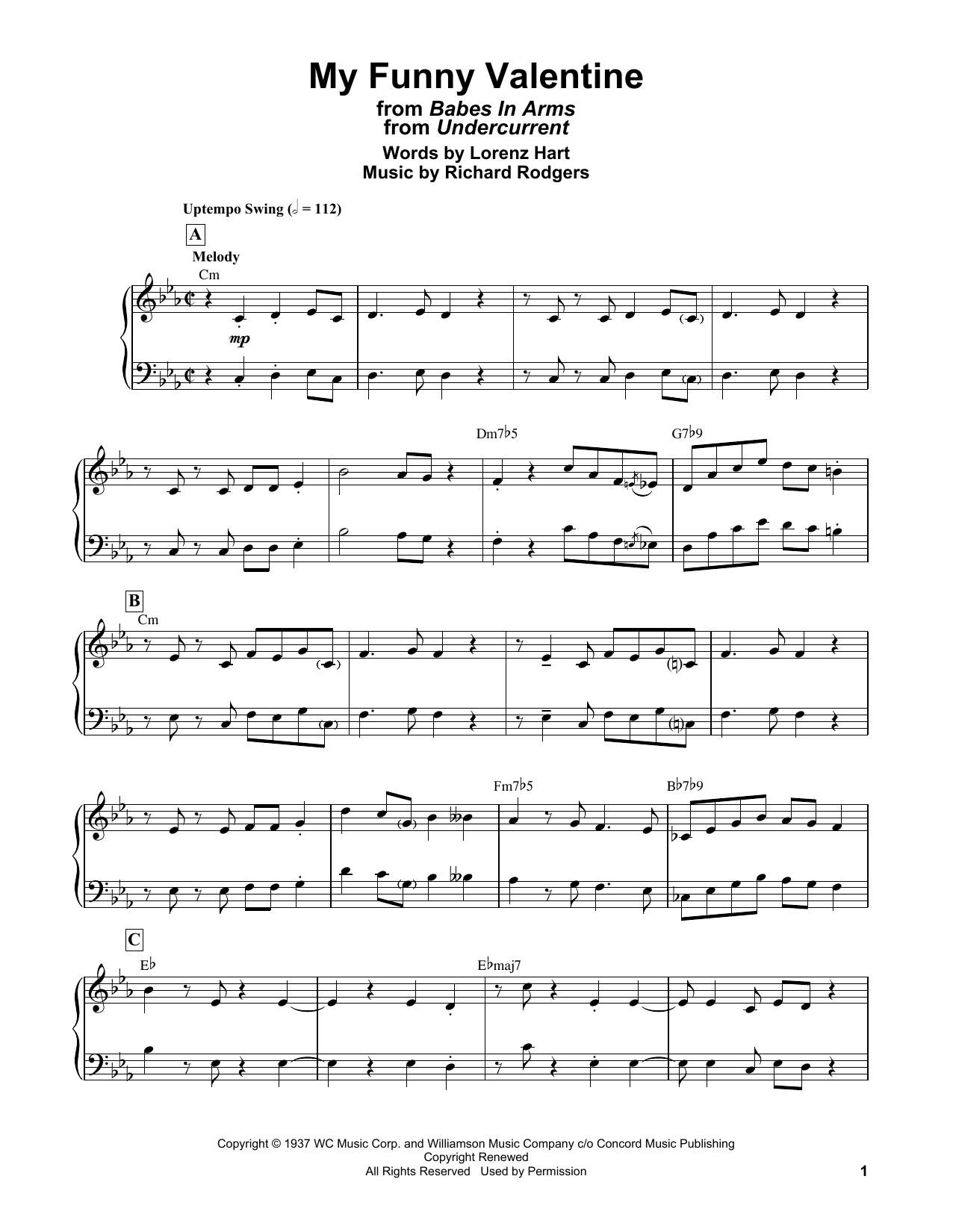 Bill Evans My Funny Valentine (from Babes In Arms) Sheet Music Notes,  Chords  Download Printable Piano Solo PDF Score - SKU: 9