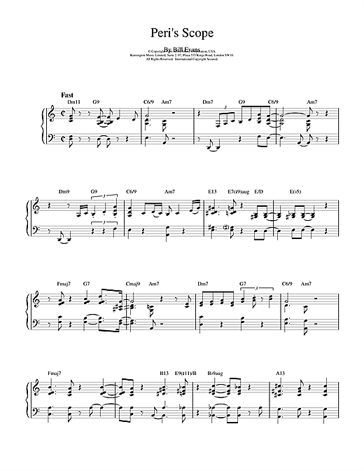 Preview Bill Evans Peri's Scope Jazz sheet music, notes and chords for Piano Solo, SKU: 15899 sheet music, piano notes, chords, guitar tabs, score, transpose, transcribe, how to play, guide, download, learn, tutorial, progression, song, artist, awards, billboard, mtv, vh1, tour, single, album, release